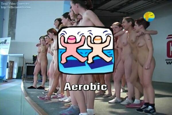 Nudists families are engaged in video aerobics