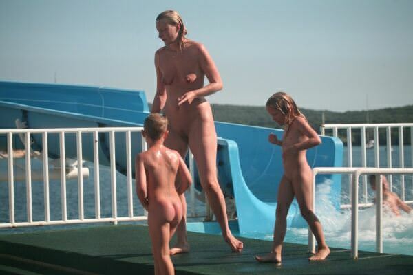 Family nudism - a roller coaster in an aquapark