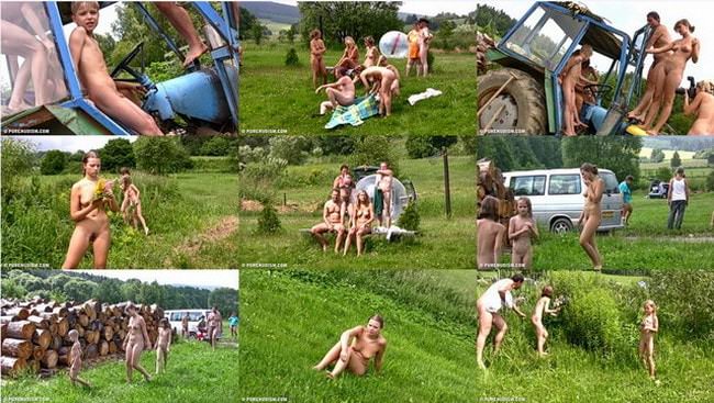 Naturists in the fresh air do fitness video